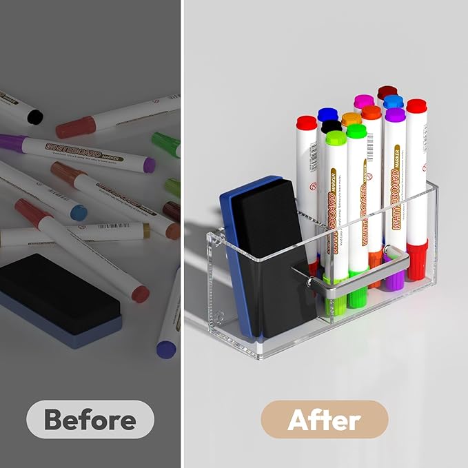 NIUBEE Acrylic Magnetic Pen Holder for Refrigerator, Dry Erase Marker Holder for Whiteboard, Refrigerator, Fridge, Locker, Magnet Pencil Cup Organizer Accessories (with 12 Markers & 1 Eraser)