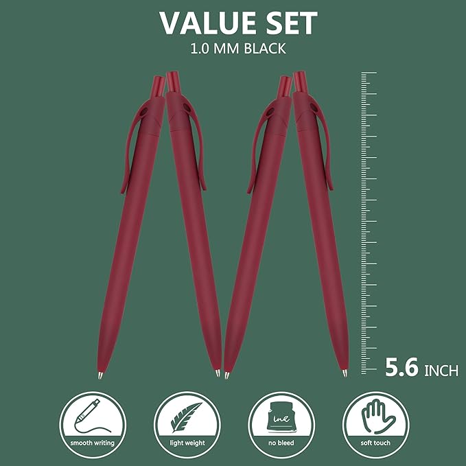 Deegtran 200 Pack Burgundy Red Barrel Click Pens, No Bleed Wholesale Retractable Ballpoint, Medium Point 1.0MM Black Ink, Smooth Writing