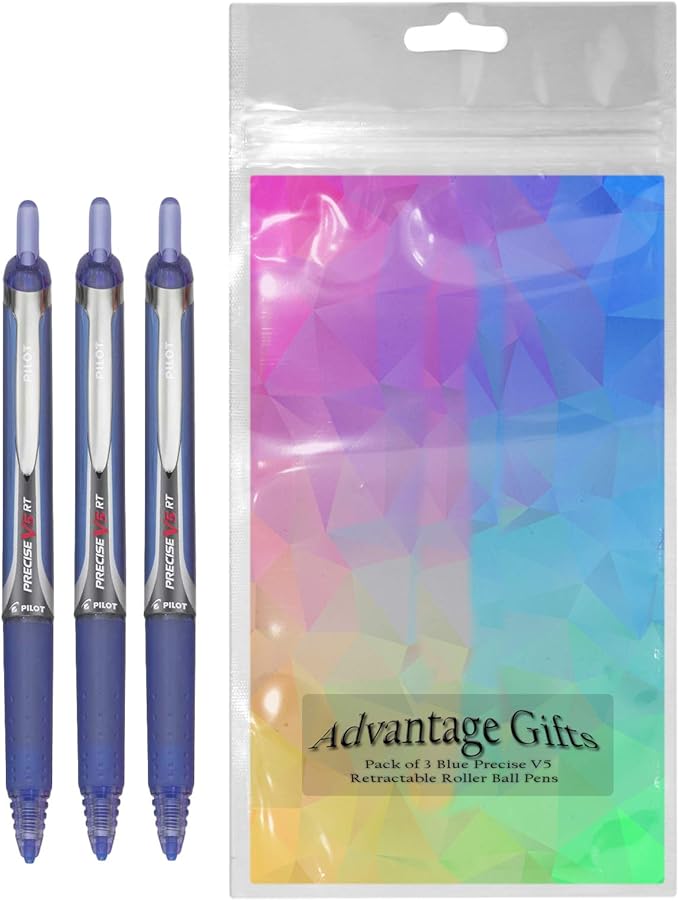 Precise V5 RT Retractable Rolling Ball Pens, Extra Fine Point (.5mm), Blue Ink, 3-pk; Premium Comfort Grip, Bundle with Plastic Reusable Pouch