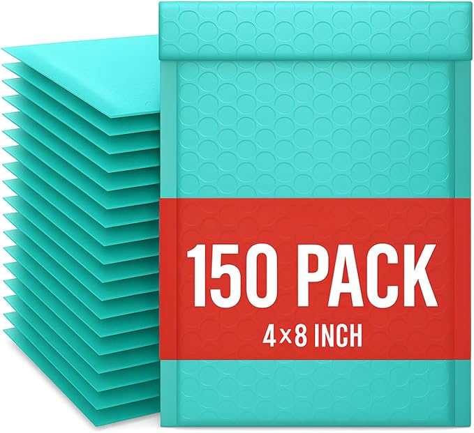 150 Pack 4x8 Inch Poly Bubble Mailers, Padded Envelopes with Self Seal Adhesive Strip, Waterproof Lightweight Mailing Shipping Bags for Thick Books Clothes Holiday Gifts Business Packaging