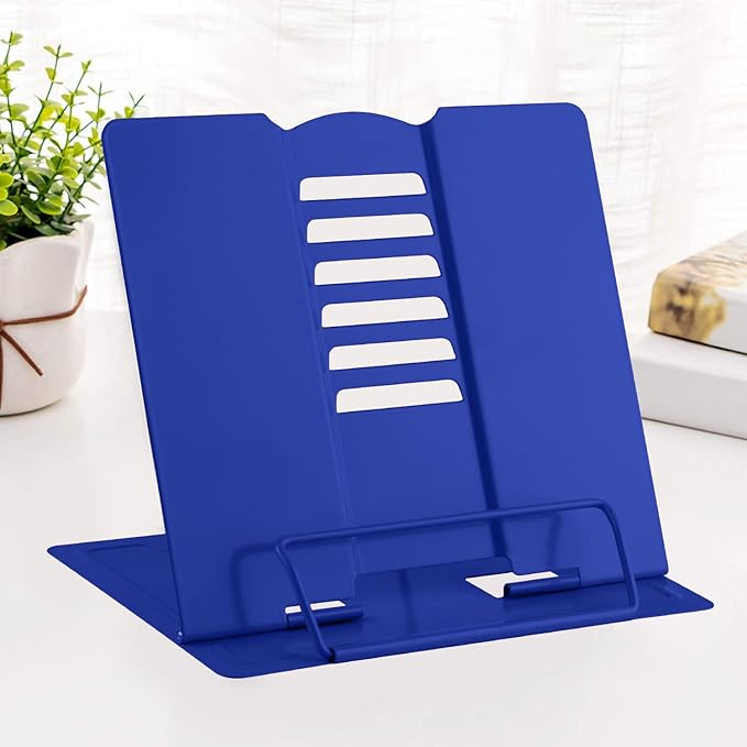 MSDADA Desk Book Stand Metal Reading Rest Book Holder Adjustable Cookbook Documents Holder Portable Sturdy Bookstands for Recipes Textbooks Tablet Music Books with Page Clips(Sapphire Blue)