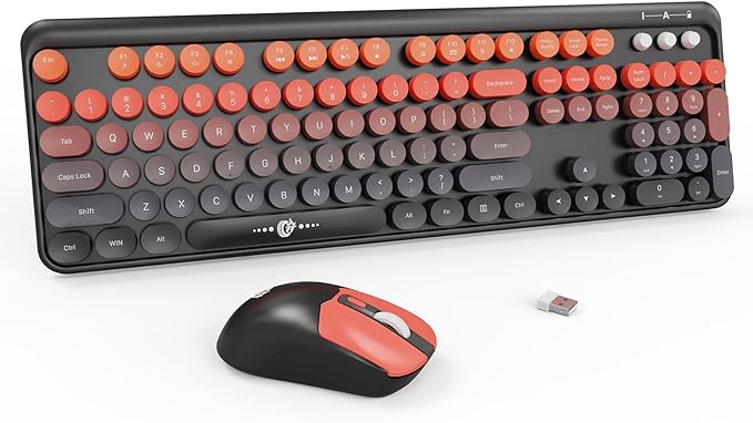 Wireless Keyboard and Mouse Combo, 104 Round Keys Cute Colorful Keyboard and Mouse with Retro Typewriter for PC/Mac/Laptop/Tablet/Computer/Windows Black Red