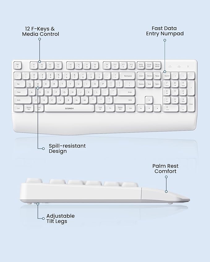 seenda Bluetooth Keyboard and Mouse, COE200 USB + Bluetooth Multi Device, Ergonomic Keyboard Mouse Set, Full-Size Wireless Combo Compatible for Mac OS/Windows PCs Computers Laptops MacBooks - White