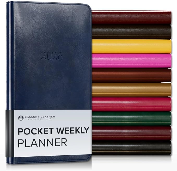 Gallery Leather Pocket Weekly Monthly Planner 2025-2026, Elegantly Bound Calendar Planner and Notebook with Stylish Gold-Gilded Page Edges, 12 Months - Acadia Navy - 6 x 3.25 "