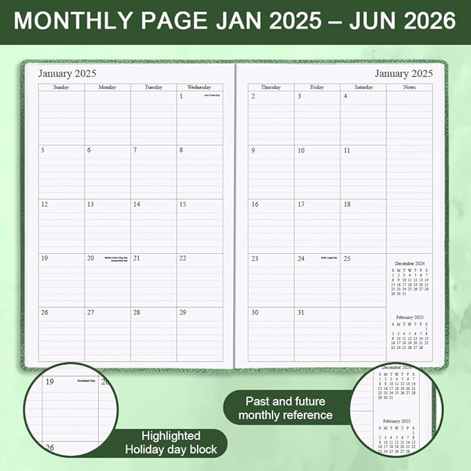 Planner 2025-2026 - 18 Months Academic Planner 5.8" x 8.5", 2025-2026 Weekly & Monthly Agenda with Pen Holder, Vegan Leather Hard Cover, Green