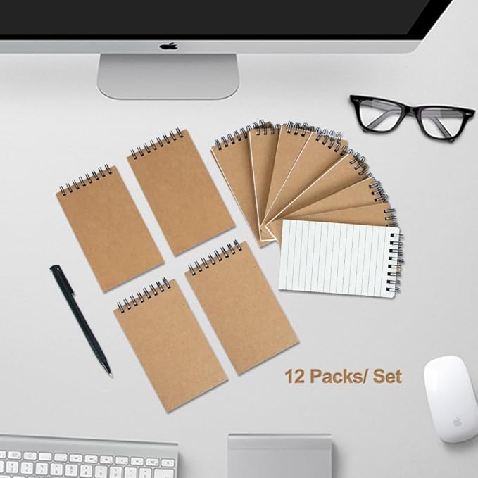 Pocket Notebooks Set of 12, Small 3x5 Spiral Notepads, Office Style Mini Notebook, Small Notepad Pocket Size, Memo Pads for Home, College, Work or School - Lined College Ruled Paper