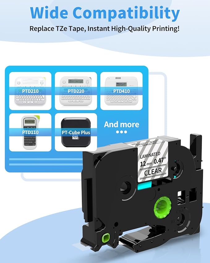 Colorty Clear Label Maker Tape TZe-131 Compatible with Brother P-Touch Label Tape TZ TZe 12mm 0.47 Laminated 1/2" Black on Clear TZe131 for PT-D220 D210 H110 1180 1280 1890 Tape Refills, 6-Pack