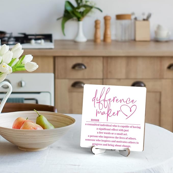 Wooden Table Sign Office Decor Difference Maker Definition Desk Decor Wood Plaque With Stand Thank You Gifts for Boss Women Best Mom Coworker Teacher Office Desk Accessories(White)-C01