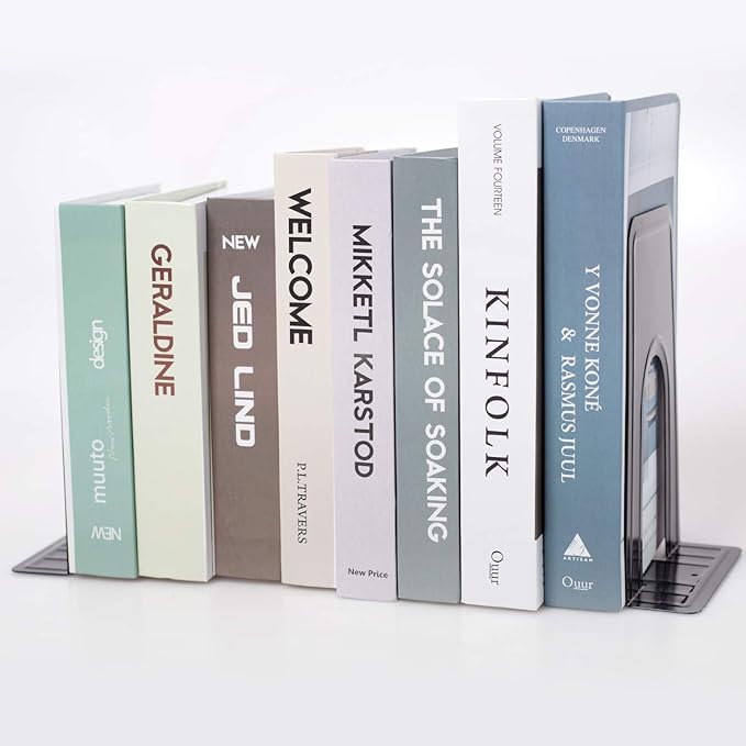 8 Pairs 16 Pieces 8.3 x 5.1 x 6.5 Inch Metal Bookends, KINJOEK Heavy Duty Book Support with Anti Slip Pads for Books, Magazines, DVDs, Perfect for Home, Office, School, Library, Black