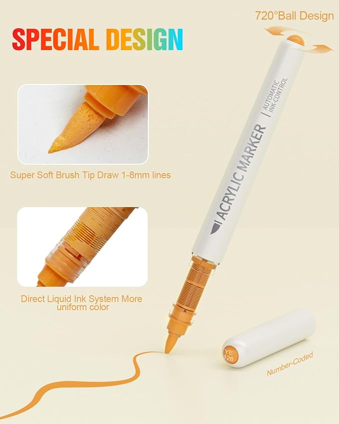 18 Colors Acrylic Paint Markers Brush Tip, Water-Based Paint Pens with Automatic Ink Control for Arts & Crafts, School, Classroom, Works on Paper, Metal, Wood, Ceramic, Glass, Rock, Canvas