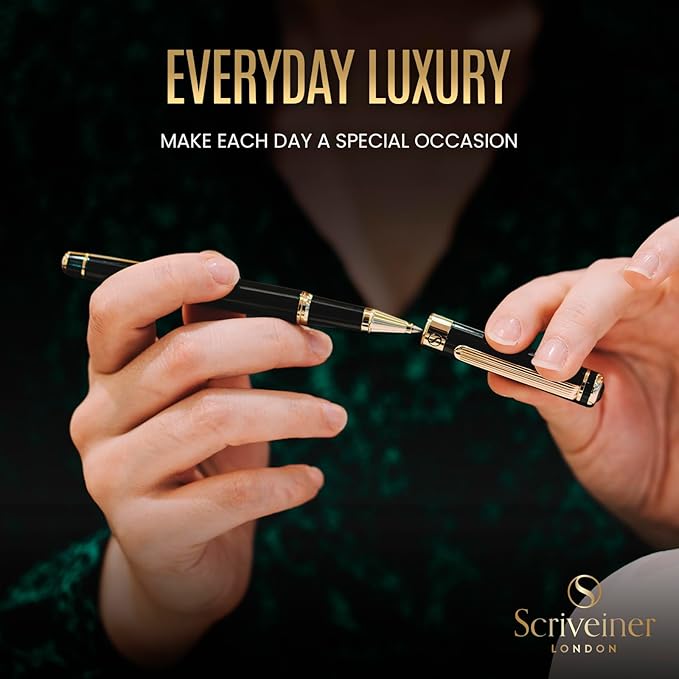 Scriveiner Personalized Black Rollerball Pen - Stunning Luxury Pen, Jet Black Lacquer & Real Gold Plating, Schmidt Ink Refill, Best Engraved Roller Ball Gift for Men & Women, Custom Name Engraving
