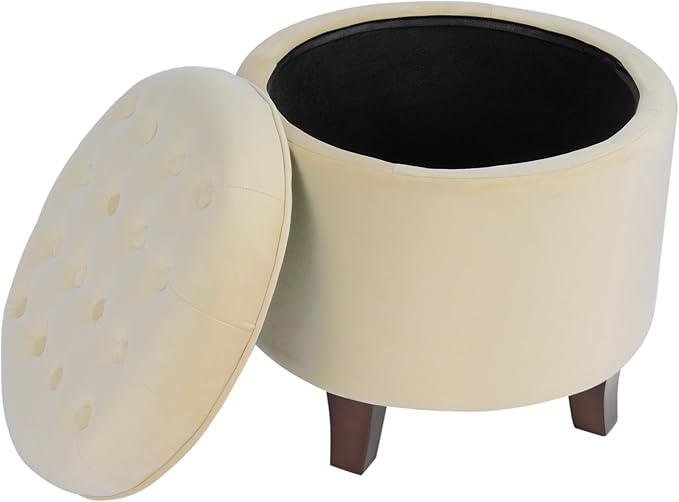 Homepop Home Decor | Upholstered Round Velvet Tufted Foot Rest Ottoman | Ottoman with Storage for Living Room & Bedroom | Decorative Home Furniture, Cream