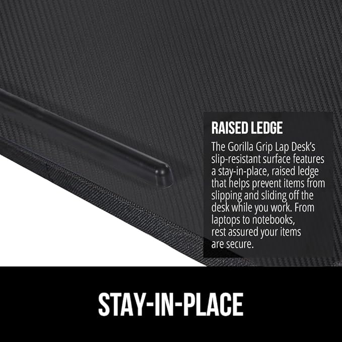 GORILLA GRIP Laptop Lap Desk with Phone Holder, Pillow Cushion Desks Fit Laptops up to 15.6", Tray Ledge Keep Computers in Place, Portable Travel Workstation Essentials for Home, Dorm Room, Black