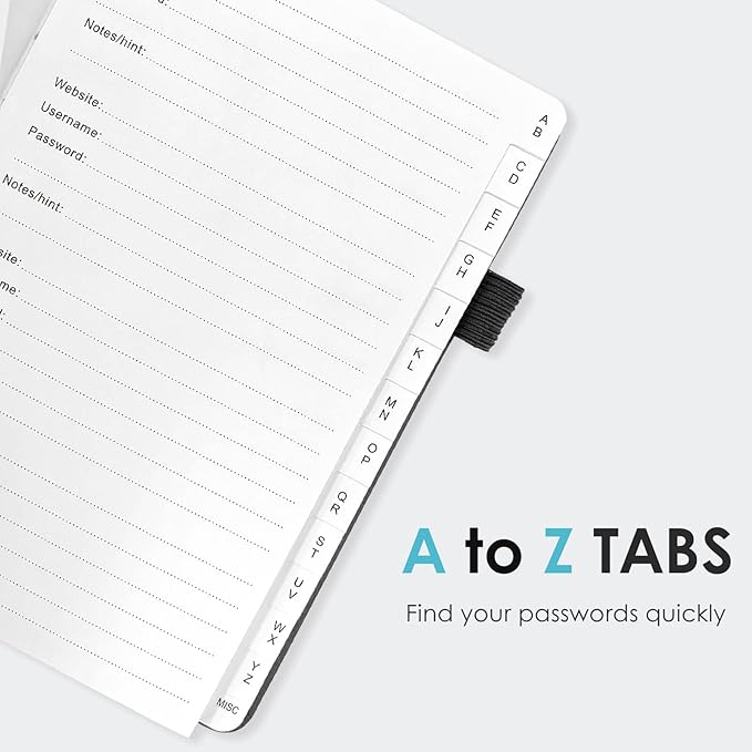 Elegant Password Book with Alphabetical Tabs - Hardcover Password Book for Internet Website Address Login - 5.2" x 7.6" Password Keeper and Organizer w/Notes Section & Back Pocket (Black)