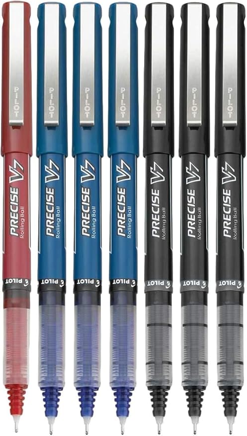 Precise V7 Rolling Ball Stick Pens, Fine Point 0.7mm Assorted Color Red Ink, Black and Blue 7 pack, Fine Point Stick Pen for Precise Writing Bundle with Free Reusable Plastic pouches