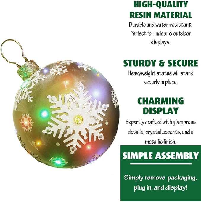 Fraser Hill Farm Indoor/Outdoor Oversized Christmas Decor w/Long-Lasting LED Lights, 18-in. Jeweled Ball Ornament w/Snowflake Design in Gold