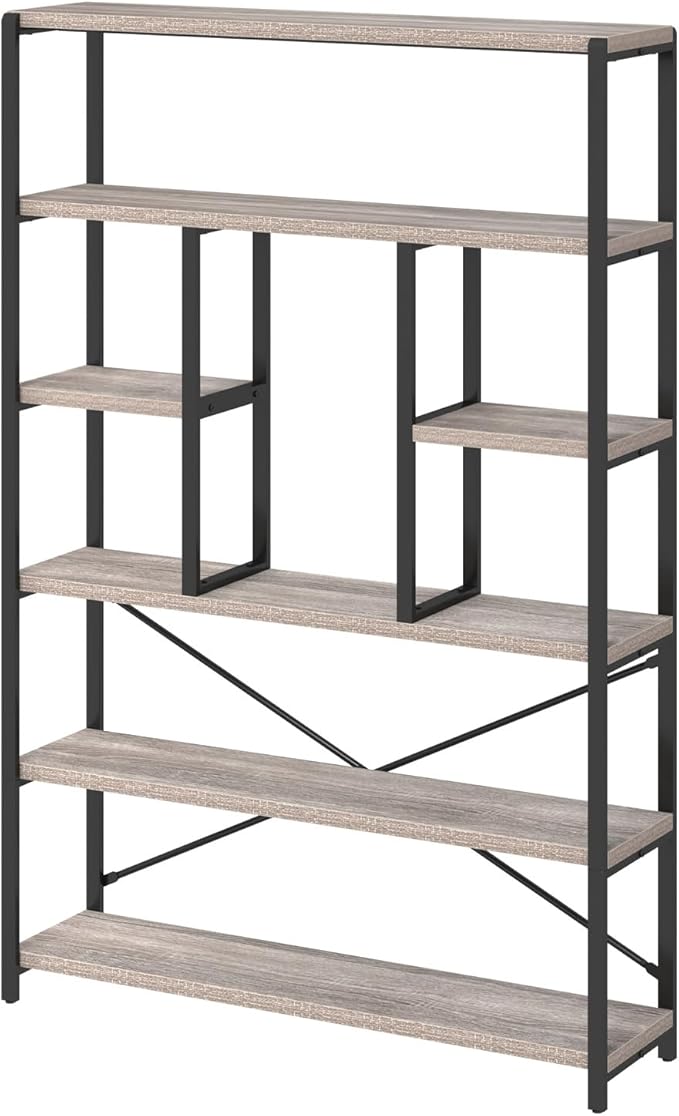 LVB Industrial 6 Tier Bookshelf, Large Tall Open Rustic Vintage Etagere Bookcase, Gray Big Wide Modern Farmhouse Wood and Metal Book Shelf for Home Bedroom Living Room Office Storage, Light Grey Oak