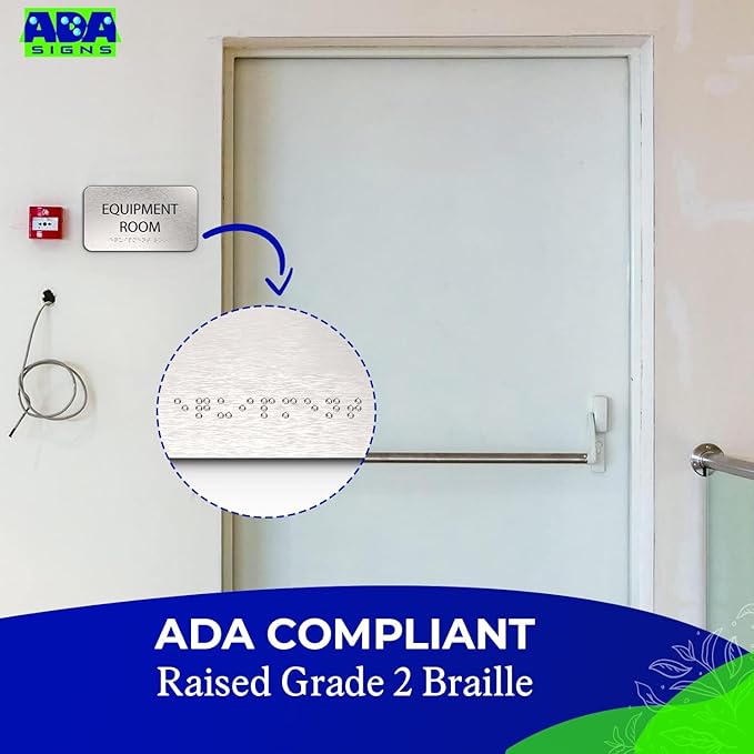 ADASigns Equipment Room Sign 7" W x 4" H - Durable Brushed Aluminum with Grade 2 Braille - Easy Installation with Strong Double Sided Tape - ADA Compliant Office Door Signs for Businesses & Offices