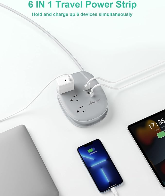 Alitayee USB C Portable Travel Power Strip with 3 Outlets 3 USB Ports Fast Charge, USB Extendable Outlet Extender with Flat Plug and 3ft Wrapped Around Extension Cord for Cruise Travel Home Office