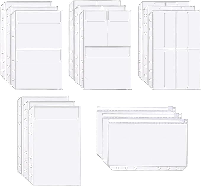 Binder Pockets, 15pcs A5 Size 6 Holes Binder Pockets, [Waterproof PVC Pouch] Premium Clear Binder Zipper Folders Document Filing Bags for 6-Ring Notebook Binder Loose Leaf Bags,-Clear