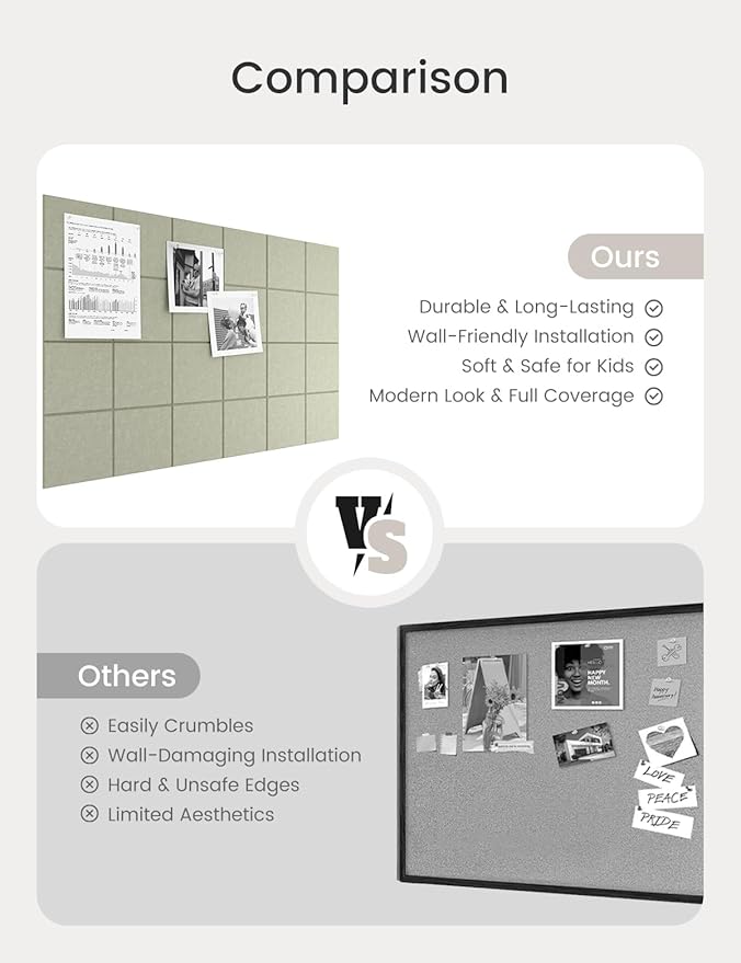 Bumusty Large Cork Board Alternative-36 x24 Felt Bulletin Board Tiles, with 30 Pushpins, 40 Adhesive Tabs, 6-Pack Slat Wall Paneling, Cork Boards for Office Push Pin Board Felt Board-Sage