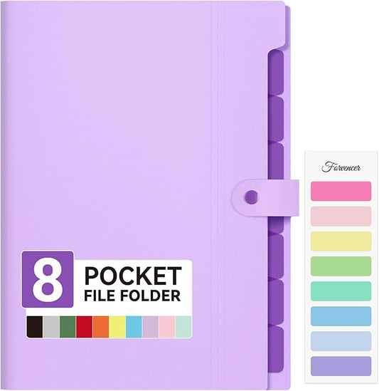 Forvencer Expanding File Folder with 8 Pocket, Letter Size Accordion File Organizer, Portable Folders for Documents, Cute Paper Organizer, Filling Products for School Office Supplies, A4 Size, Purple