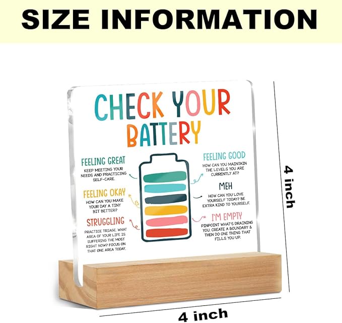 Inspirational Gifts for Women Men Coworkers, Mental Health Therapist Office Desk Decor Clear Acrylic Sign, Therapist Office Art Decor for Desk Gadgets Tabletop Cubicle, Check Your Battery