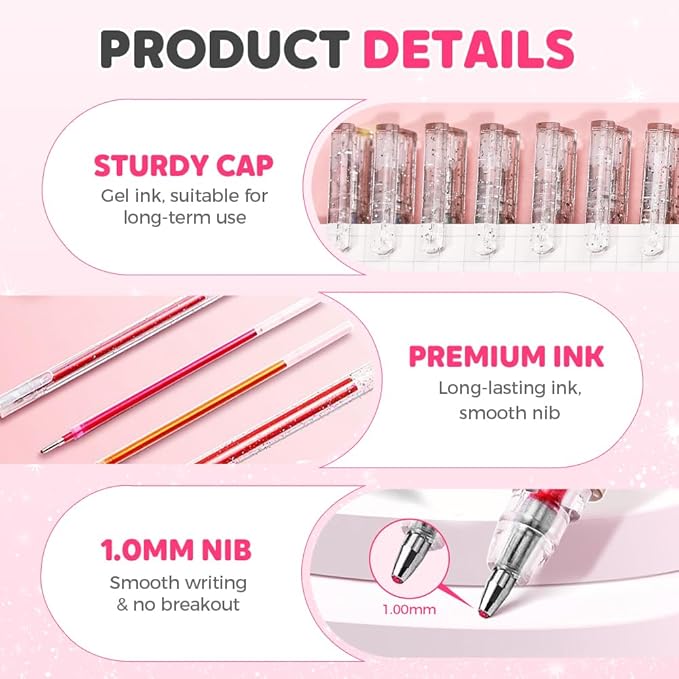 Glitter Gel Pen Set, Multi-Functional Colored Drawing Pens for Scrapbooking, Portable Journaling Crafting Doodling Drawing Glitter Pens for Adults School Supplies (8-Color)