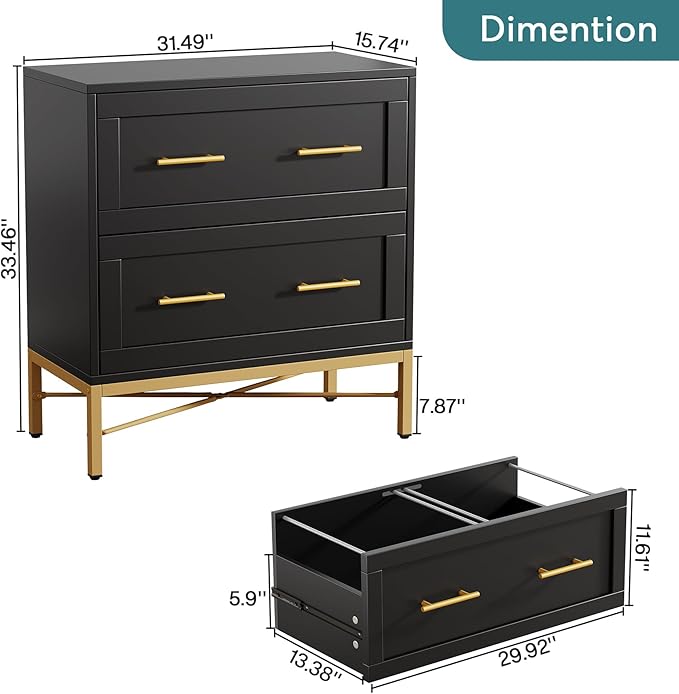 Tribesigns 2 Drawer File Cabinet, Modern Wood Lateral Filing Cabinet for Letter/Legal/A4 Size, Large File Storage Cabinets Printer Stand with Storage for Home Office, Black and Gold