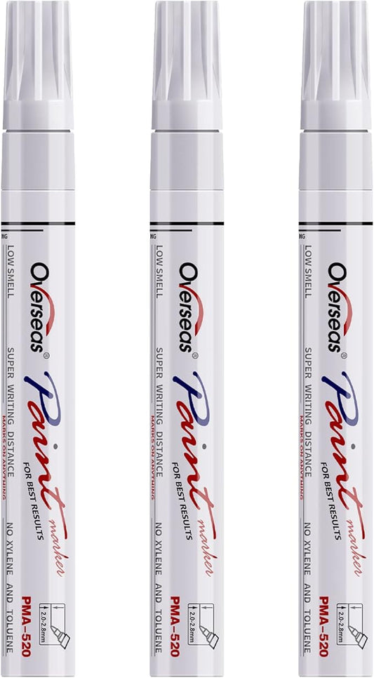 Overseas Permanent Paint Markers Pens - 3 Pack White Oil Based Paint Pens, Medium Tip, Quick Drying and Waterproof Marker Pen for Metal, Rock, Wood, Fabric, Plastic, Canvas, Mugs, Stone, Glass