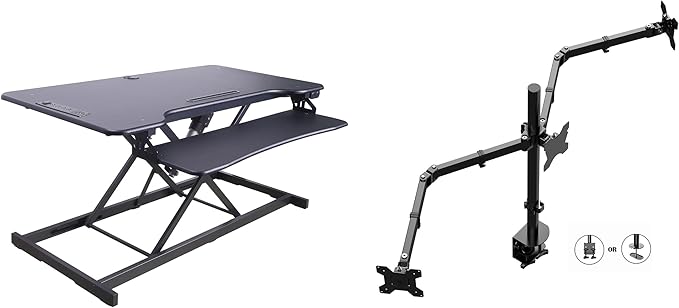 Rocelco 46" Electric Standing Desk Converter with AC Outlet USB Charger and Triple Monitor Arm Mount - Motorized Adjustable Sit Stand Riser - Tabletop Workstation Keyboard Tray - Black (R EDRB-46-DM3)