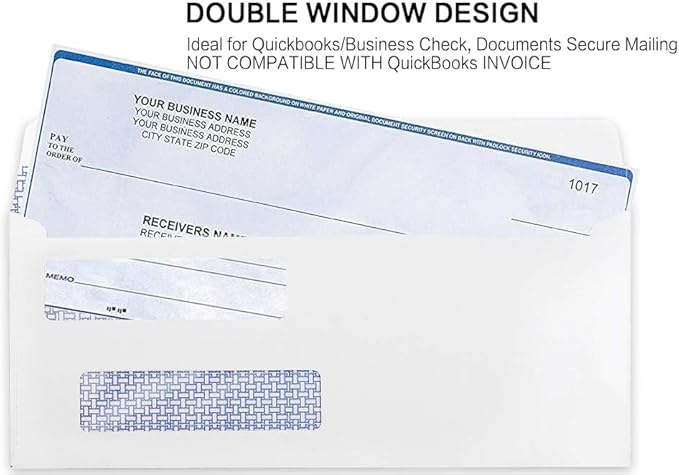#8 Double Window Security Check Envelopes, No.8 Double Window Bussiness Envelopes Designed for QuickBooks Checks - Computer Printed Checks - 3 5/8 X 8 11/16 (NOT for INVOICES) - 24 LB - 1000 PACK
