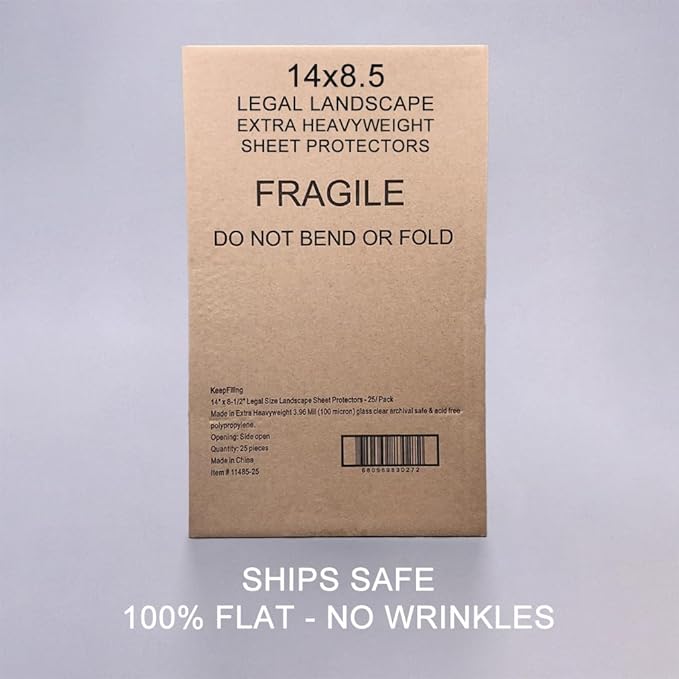 Landscape 14 x 8.5 Legal Size Sheet Protectors, Side Load, Extra Heavyweight, Glass Clear, 1 Pack (25 Sheets Total), Archival Safe by Keepfiling