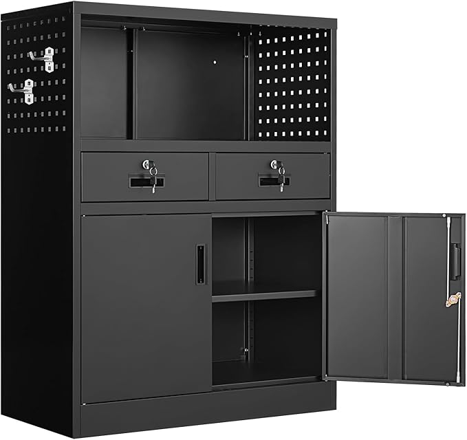 Yizosh Metal Storage Cabinet with 2 Drawers and Locking Doors,- 41.3" Steel Lockable Storage Cabinet with Shelves for Home Office,Garage,School (Black)