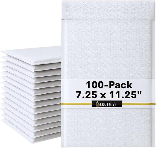 100-Pack 7.25x11.25" White Poly Bubble Mailers, Padded Shipping #1 Envelopes Self Seal Tear Resistant Lightweight Mailing Bags for Small Business, Books, DVDs, Gifts