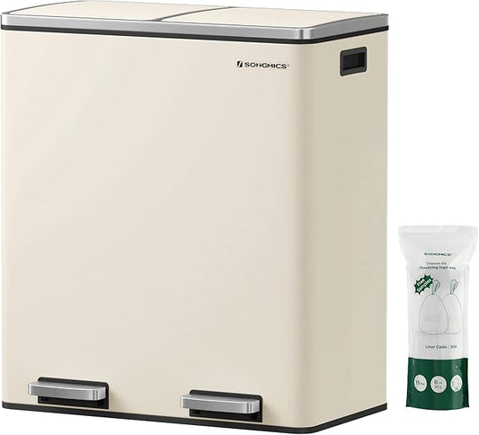 SONGMICS Trash Can, 2 x 8 Gallon (2 x 30 L) Garbage Can for Kitchen, with 15 Trash Bags, 2 Compartments, Plastic Inner Buckets and Hinged Lids, Airtight, Almond Color ULTB201A01