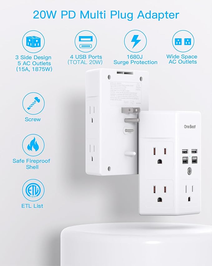 Surge Protector, 5 Outlets Extender with 4 USB Ports(USB C PD20W), 3-Side 1680J Power Strip Multi Plug Outlet Expander, USB Wall Charger, Outlet Splitter Adapter Wall Mount for Home Office(White)