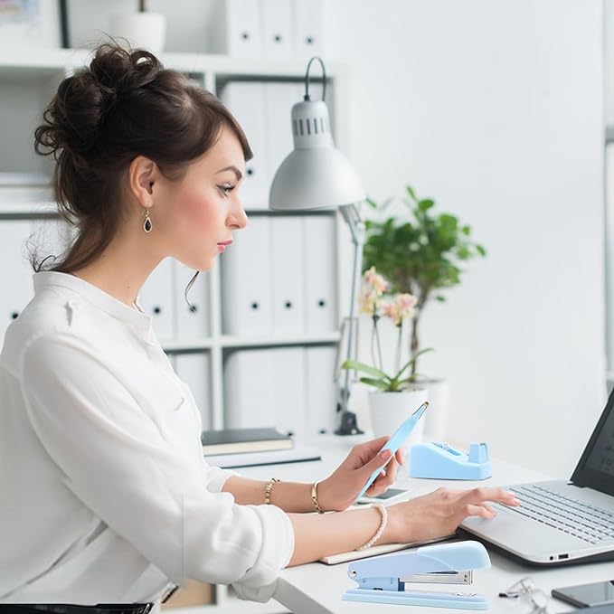 Blue Office Supplies,UPIHO Blue Desk Accessories,Stapler and Tape Dispenser Set for Women with Stapler,Tape Dispenser,Magnetic Staple Remover,Staples,Clips,Hole Punch and Tabs,School Supplies