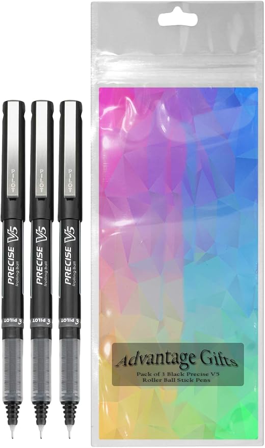 Precise V5 Stick Rolling Ball Pens, Extra Fine Point (.5mm), Black Ink, 3-pk; Bundle with Plastic Reusable Pouch