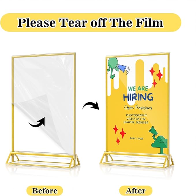 5 x 7 Acrylic Sign Holders - Double Sided Gold Picture Frames - Tabletop Display Menu Stands - Clear Plastic T Shape Vertical Paper Holders - 12 Pack