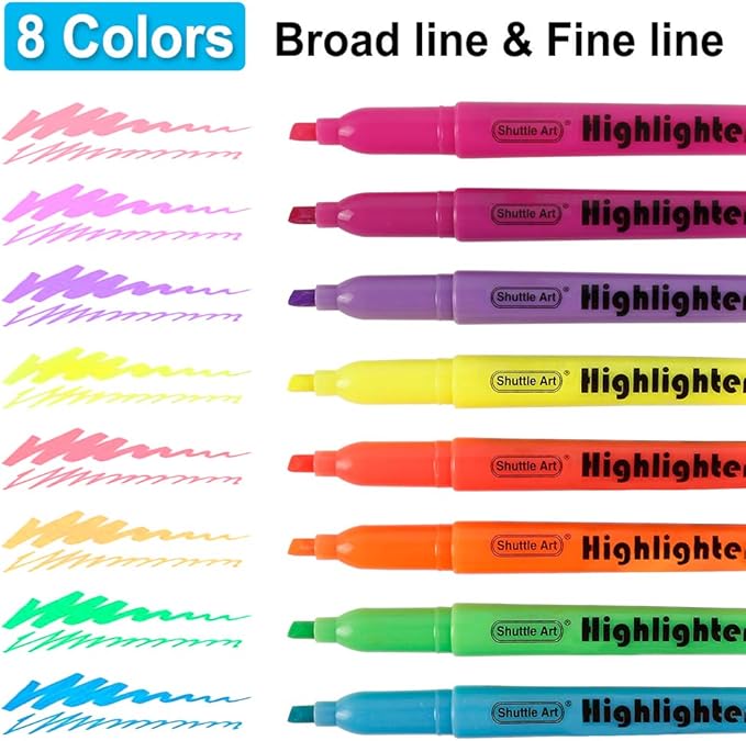 Shuttle Art 144 Pack Highlighters, Highlighters Assorted Colors Set, 8 Bright Colors Chisel Tip Highlighter Markers Bulk for Kid and Adult Coloring, Highlighting as School Supplies