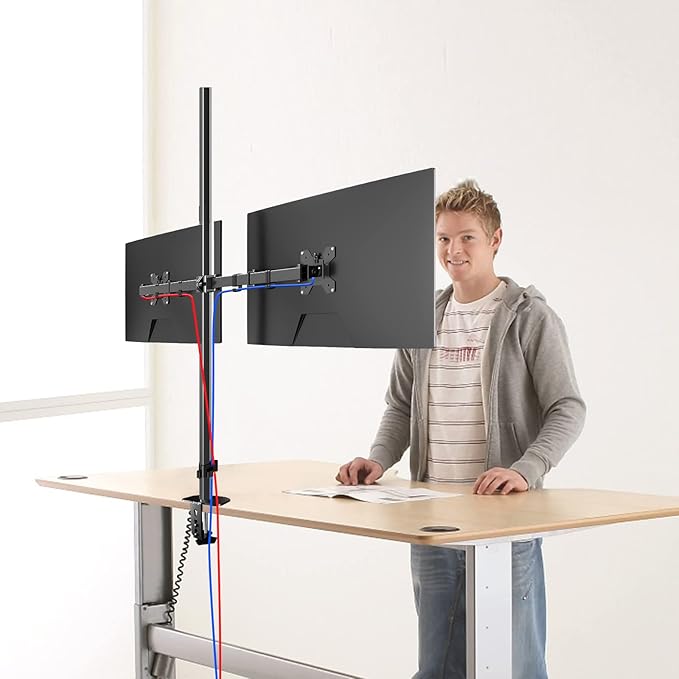 Pholiten Extra Tall Dual Monitor Stand, Dual Monitor Mount, Desk Mount up to 47 inch Pole, 2 Monitor Stand, Computer Monitor Arm, Fully Adjustable Stand for up to 27 inch Screens