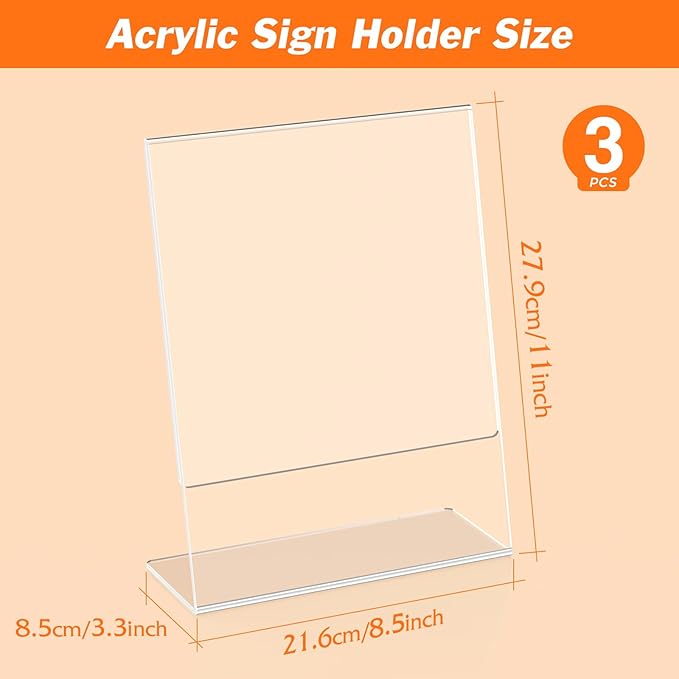 3 Pack Acrylic Sign Holder 8.5x11 Inches, Clear Display Holder, L-Shape Vertical Menu Holder Stand, Flyer Display Stand, Table Paper Holder, Plastic Sign Display Stand for Restaurants, Store, Office