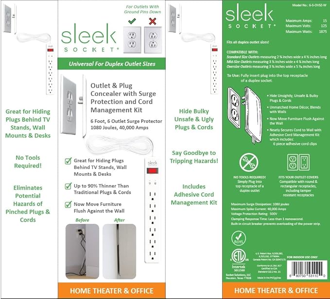 Sleek Socket Original & Patented Ultra-Thin Outlet Concealer with Cord Concealer Kit, Flat Extension Cord with Multi Outlets Surge Protector Power Strip, Ideal for Home Office and Home Theater