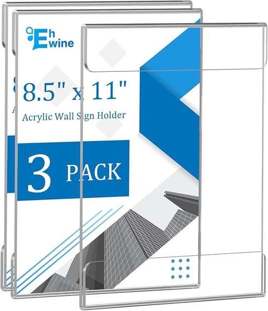 EHWINE 3 Pack 8.5 x 11 Wall Mount Acrylic Sign Holder, Wall Signs Photo Menu Flyer Display Holders, Plastic Clear Acrylic Wall Frames for Office Home Hotel Business Store (with Adhesive Tape)