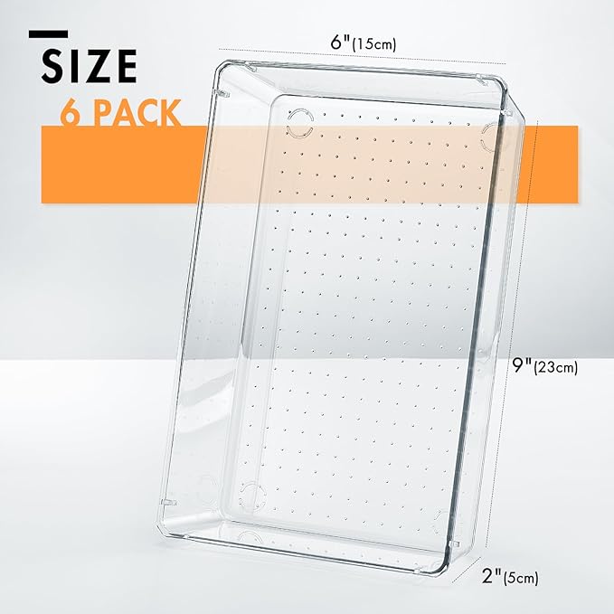 HOUSE DAY Desk Drawer Organizer Bins 6 PCS, 9*6*2" Clear Drawer Organizers with Silicone Pads, Vanity Organizers and Storage, Non Slip Plastic Drawer Organizer for Makeup, Bathroom, Kitchen, Office