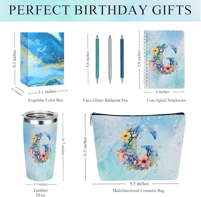 Personalized Gifts Monogrammed Birthday Gifts for Women, Mentor Employee Appreciation Christmas Initial 20 oz Tumbler, Makeup Bag Cup Ballpoint Pens Journal Notebook 6 Set, (Aesthetic Blue Flower G)