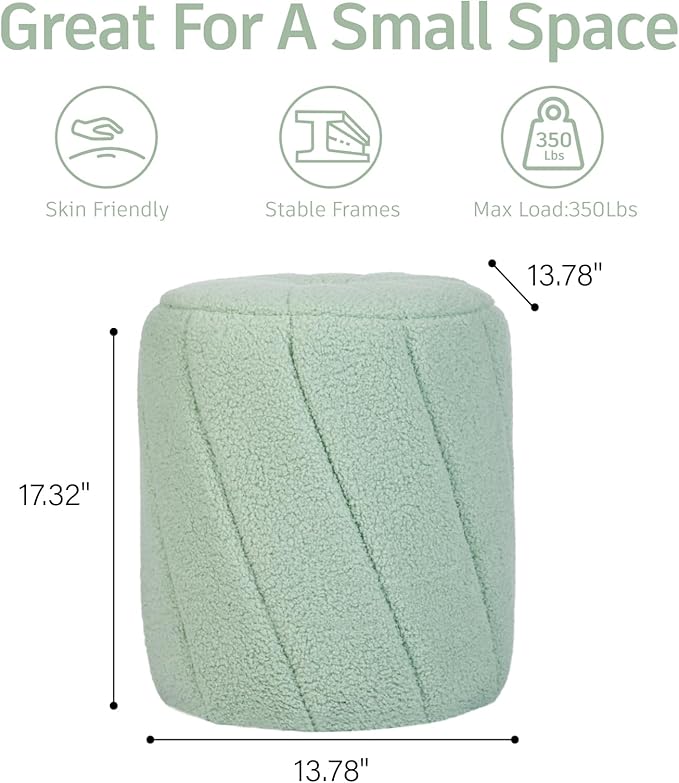 Modern Round Ottoman 2Pcs, Spiral-Tufted Foot Stool Ottoman, Teddy Fleece Upholstered Vanity Stool for Makeup, Bedroom, Living Room, Light Green