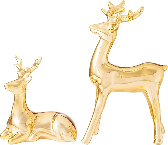 WDS WONDROUS Christmas Decorations Reindeer Figurines, Gold Set of 2 Ceramic Reindeer Statues Xmas Decor Indoor, Christmas Deer Figurines, Deer Decor for Tabletop Home Bedroom Winter Living Room