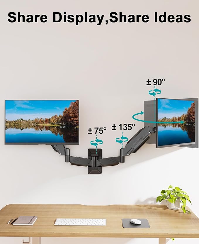 MOUNT PRO Dual Monitor Wall Mount for 2 Computer Screen up to 32 Inch, Gas Spring Double Monitor Arm Holds Up to 17.6lbs Each, Full Motion Adjustable Wall Monitor Mount, VESA Mount 75x75/100x100
